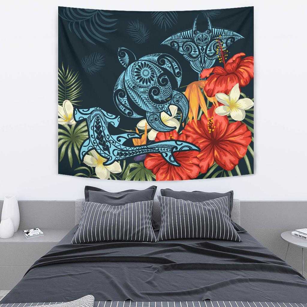 Hawaii Turtle Shark Manta Ray Hibiscus Plumeria Tapestry Wall Tapestry Medium 80" x 68" Blue - Polynesian Pride