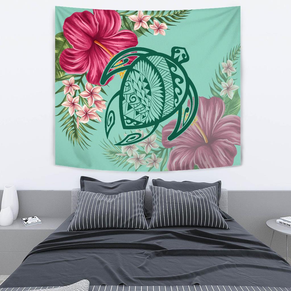 Hawaii Turtle Hibiscus Plumeria Tapestry - Hug Style Wall Tapestry Turquoise - Polynesian Pride