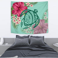 Hawaii Turtle Hibiscus Plumeria Tapestry - Hug Style Wall Tapestry Turquoise - Polynesian Pride