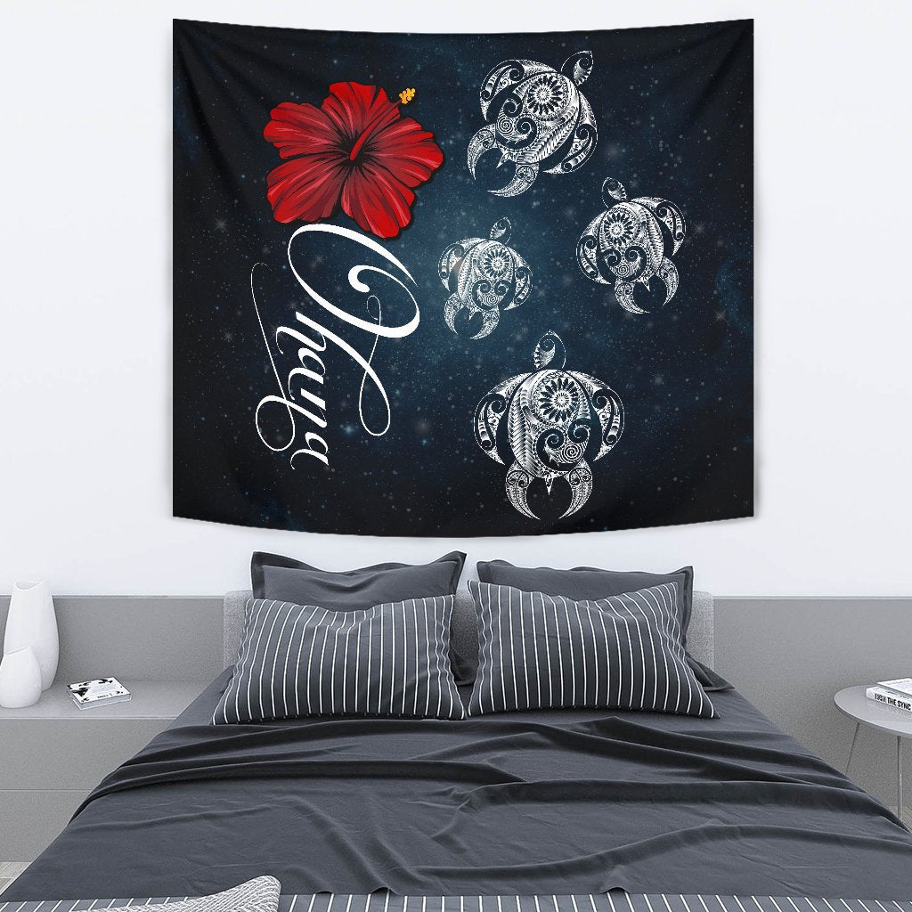 Hawaii Ohana Turtle Hibiscus Galaxy Tapestry Wall Tapestry Medium 80" x 68" Black - Polynesian Pride