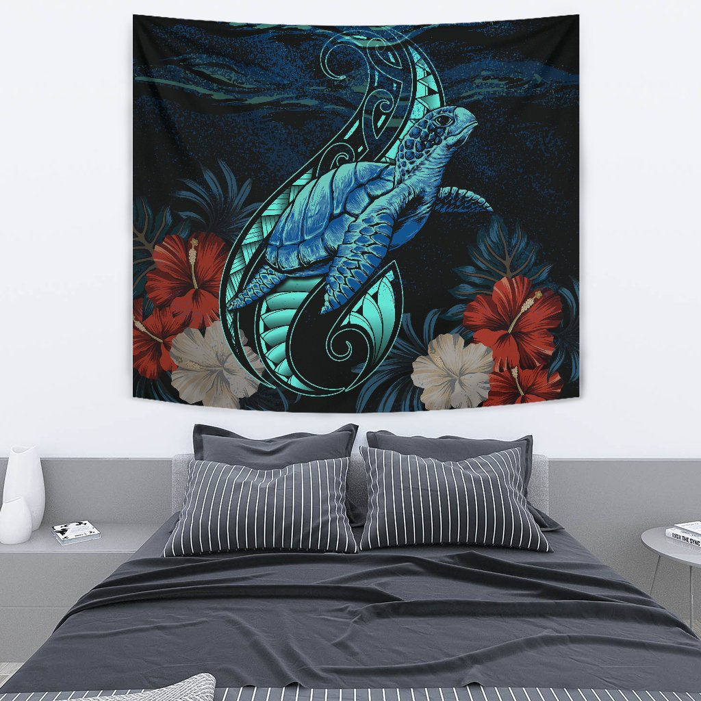 Hawaii Polynesian Honu Sea Hibiscus Tapestry Wall Tapestry 130cm*150cm Black - Polynesian Pride