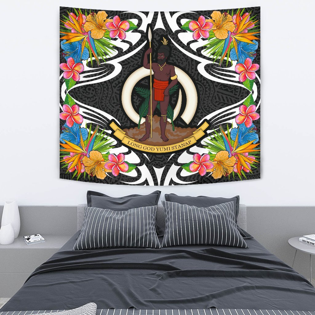 Vanuatu Tapestrys - Tropical Flowers Style Wall Tapestry - Vanuatu Medium 80" x 68" Black - Polynesian Pride