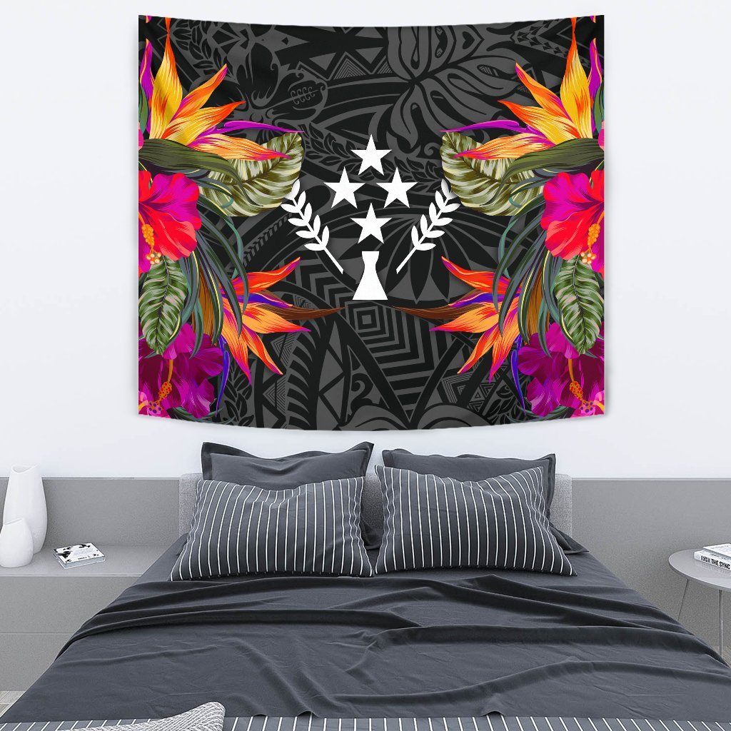 Kosrae Slide Tapestry - Polynesian Hibiscus Pattern Wall Tapestry Medium 80" x 68" Black - Polynesian Pride