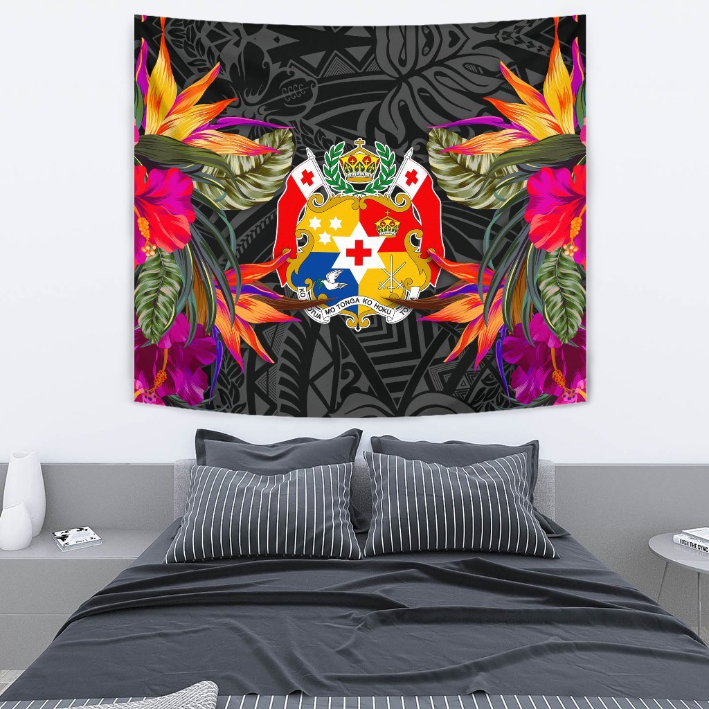 Tonga Slide Tapestry - Polynesian Hibiscus Pattern Wall Tapestry Medium 80" x 68" Black - Polynesian Pride