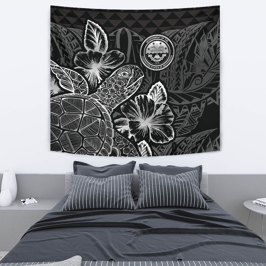 Federated States Of Micronesia Tapestry - Turtle Hibiscus Pattern Black Wall Tapestry Medium 80" x 68" Black - Polynesian Pride