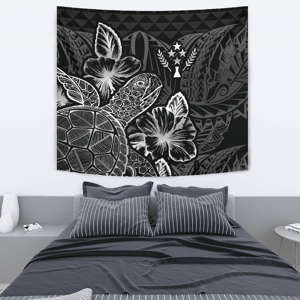 Kosrae Tapestry - Turtle Hibiscus Pattern Black Wall Tapestry Medium 80" x 68" Black - Polynesian Pride