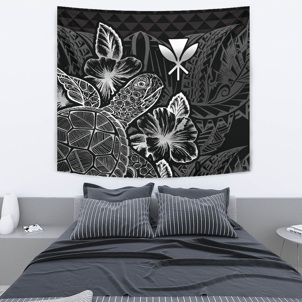 Polynesian Hawaii Tapestry - Turtle Hibiscus Pattern Black Wall Tapestry Medium 80" x 68" Black - Polynesian Pride