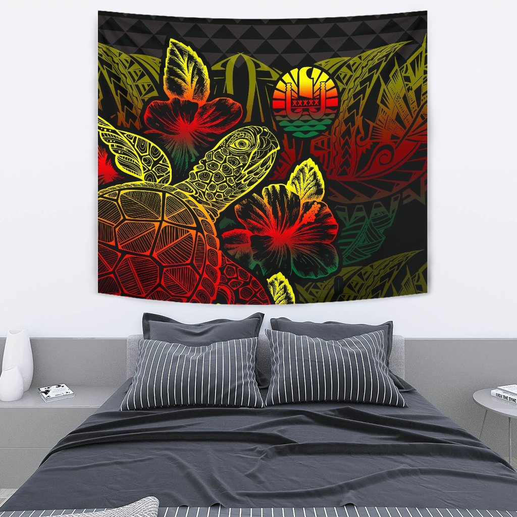 Tahiti Tapestry - Turtle Hibiscus Pattern Reggae Wall Tapestry Medium 80" x 68" Reggae - Polynesian Pride