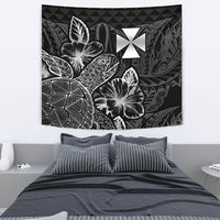 Wallis And Futuna Tapestry - Turtle Hibiscus Pattern Black Wall Tapestry Medium 80" x 68" Black - Polynesian Pride