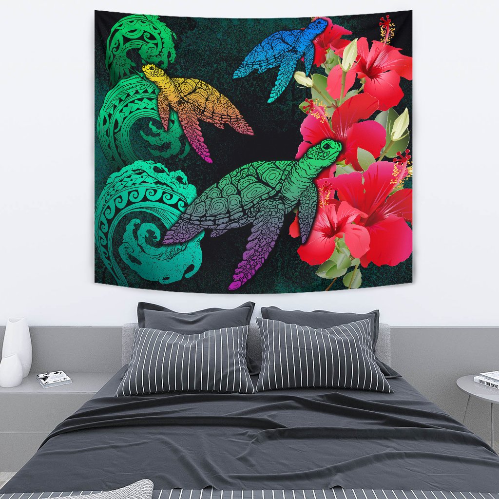 Hawaii Turtle Wave Hibiscus Tapestry - Unia Style Wall Tapestry Black - Polynesian Pride