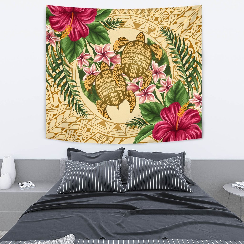 hawaiiTapestry - Turtle Strong Pattern Hibiscus Plumeria AH Wall Tapestry Medium 80" x 68" Gold - Polynesian Pride