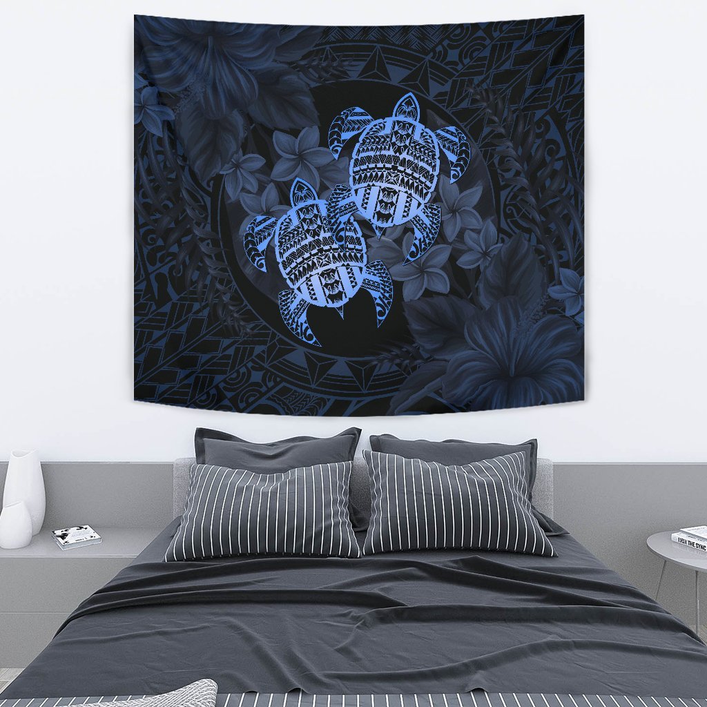 hawaiiTapestry - Turtle Strong Pattern Hibiscus Plumeria Blue AH Wall Tapestry 130cm*150cm Blue - Polynesian Pride