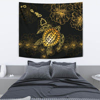Hawaiian Turtle Hibiscus - Tapestry - Flora Style Wall Tapestry Medium 80" x 68" Black - Polynesian Pride