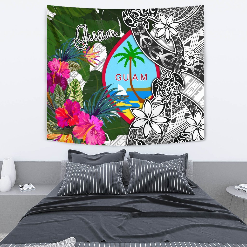 Guam Tapestry White - Turtle Plumeria Banana Leaf - Polynesian Pride