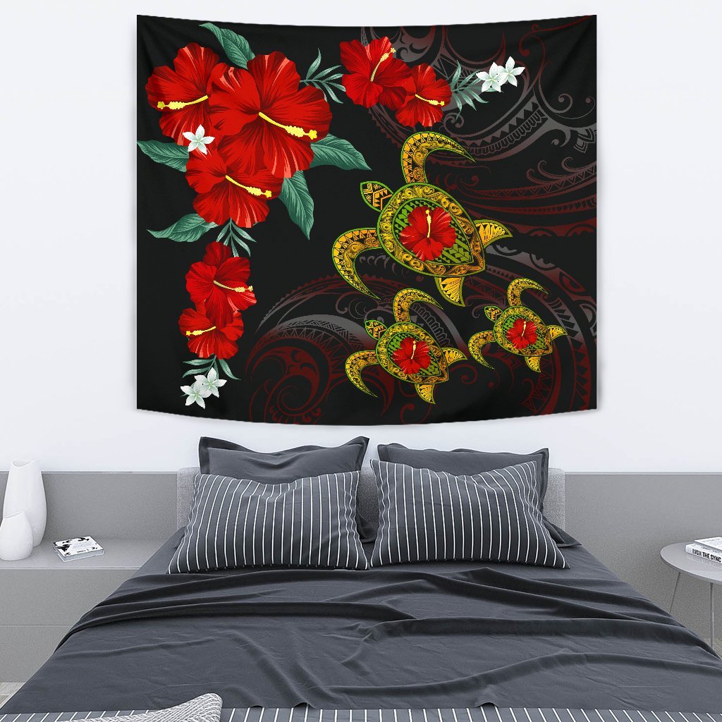 Hawaii Turtle Hibiscus Polynesian Tapestry - Adela Style - AH Wall Tapestry Black - Polynesian Pride