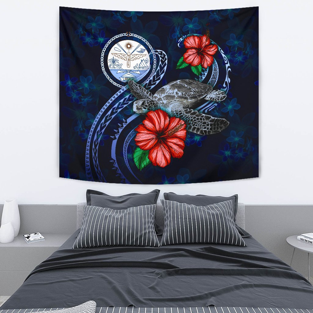 Marshall Islands Polynesian Tapestry - Blue Turtle Hibiscus One Style Medium 80" x 68" Blue - Polynesian Pride
