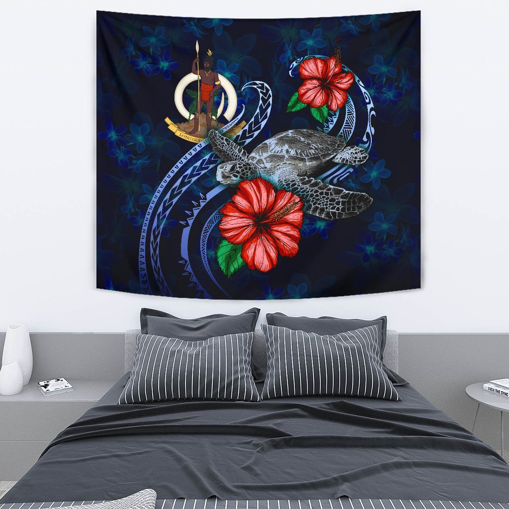 Vanuatu Polynesian Tapestry - Blue Turtle Hibiscus One Style Medium 80" x 68" Blue - Polynesian Pride