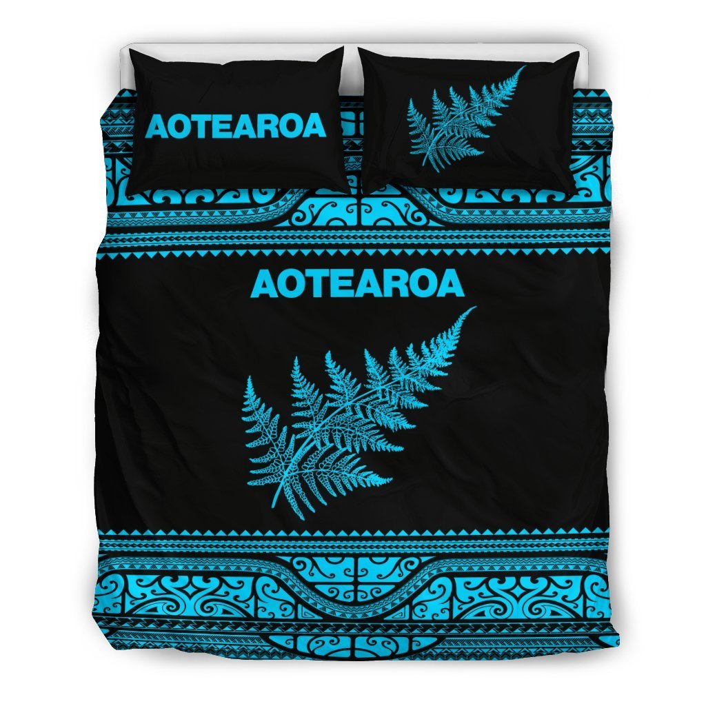 Aotearoa New Zealand Maori Bedding Set Silver Fern - Blue Black - Polynesian Pride