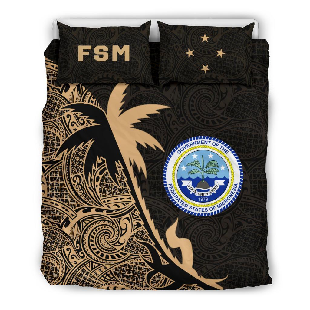 Federated States Of Micronesia Duvet Cover Set - Federated States Of Micronesia Coat Of Arms & Coconut Tree Gold - Polynesian Pride