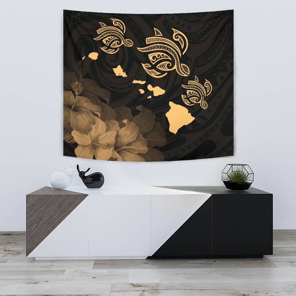 Hawaii Turtle Hibiscus Map Polynesian Blur Tapestry - Polynesian Pride