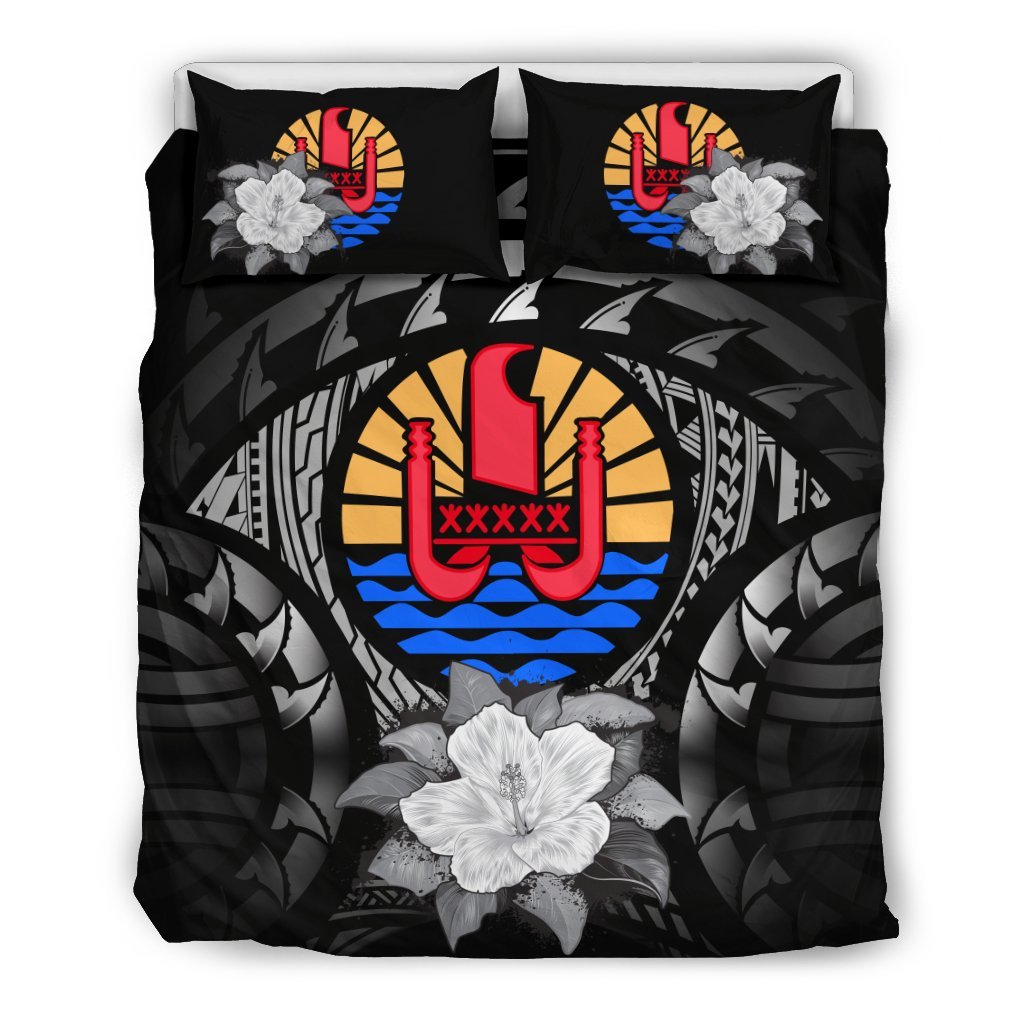 Tahiti Duvet Cover Set - Tahiti Flag & Gray Hibiscus - Polynesian Pride