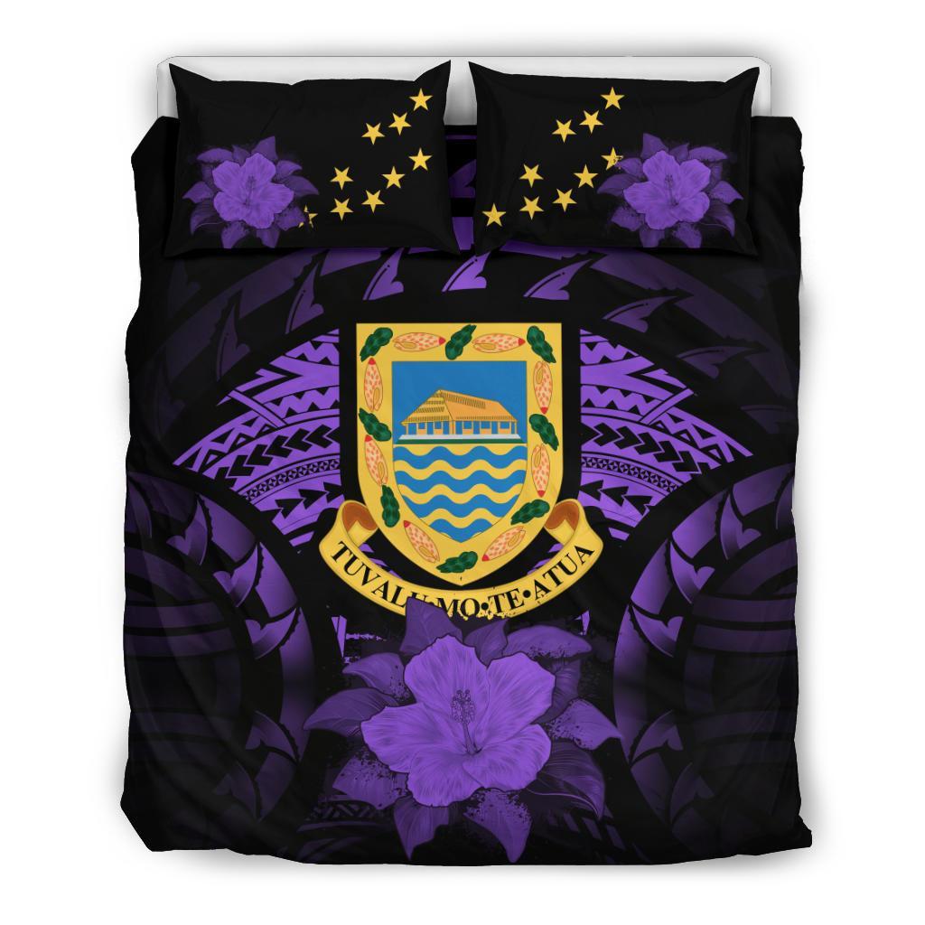 Tuvalu Duvet Cover Set - Tuvalu Coat Of Arms & Purple Hibiscus - Polynesian Pride