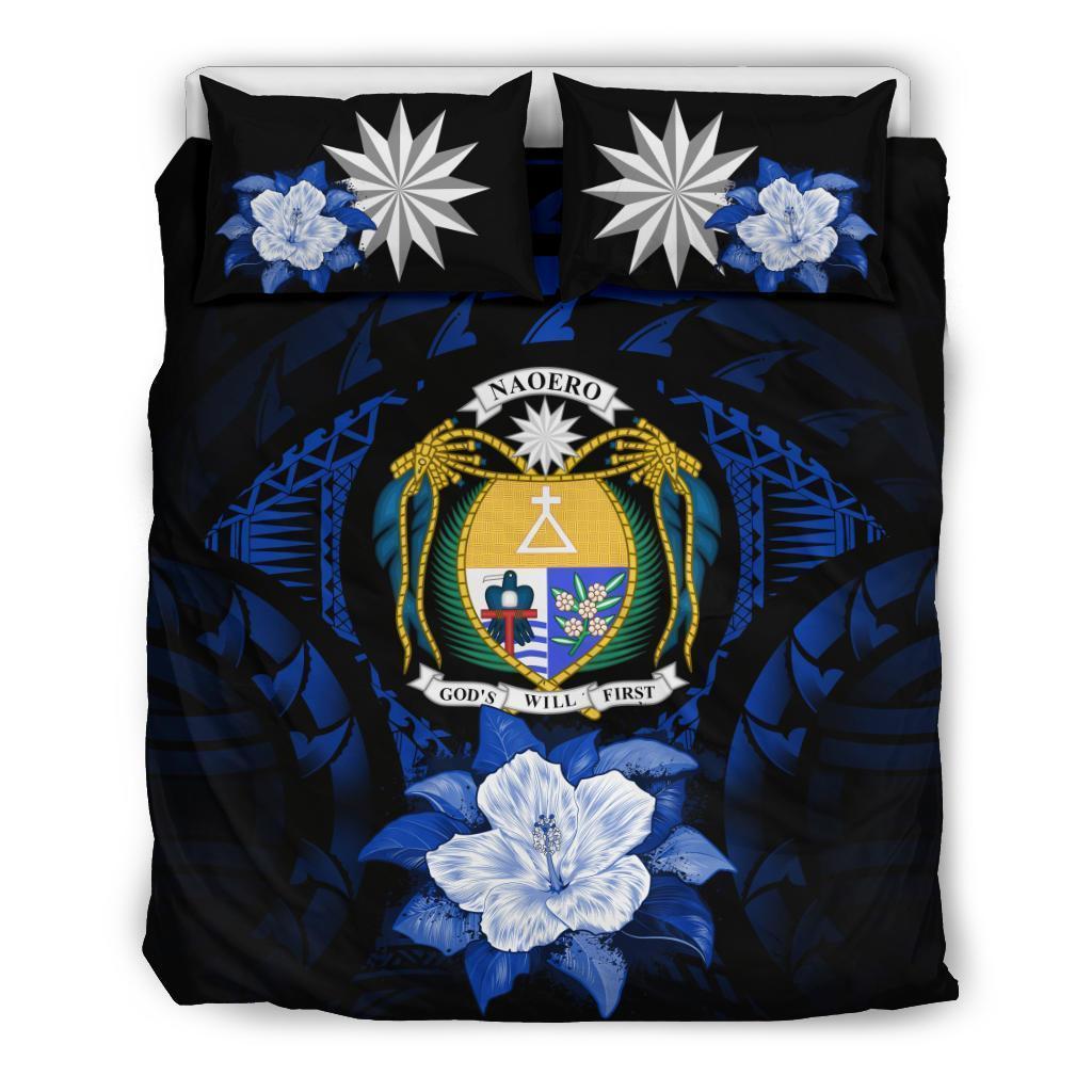 Nauru Duvet Cover Set - Nauru Coat Of Arms & Dark Blue Hibiscus - Polynesian Pride