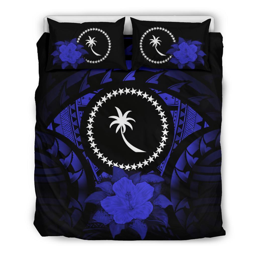 Chuuk Duvet Cover Set - Chuuk Flag & Dark Blue Hibiscus - Polynesian Pride