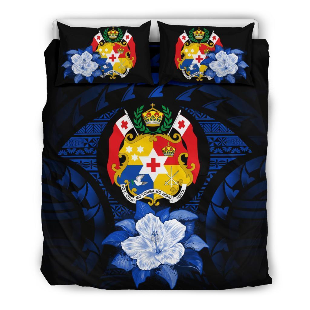 Tonga Duvet Cover Set - Tonga Coat Of Arms & Dark Blue Hibiscus - Polynesian Pride