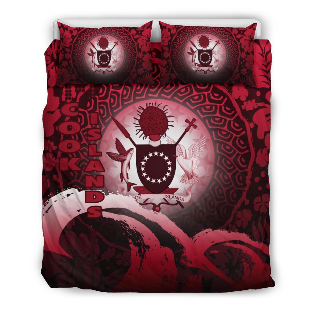 Cook Islands Duvet Cover Set - Cook Islands Coat Of Arms Wave and Hibiscus Red - Polynesian Pride