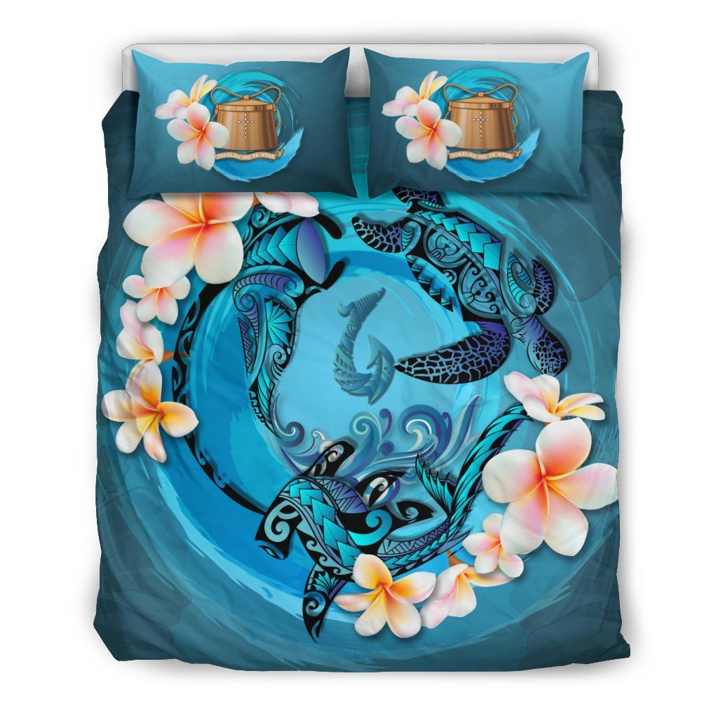Polynesian Duvet Cover Set - Tokelau Bedding Set Blue Plumeria Animal Tattoo - Polynesian Pride