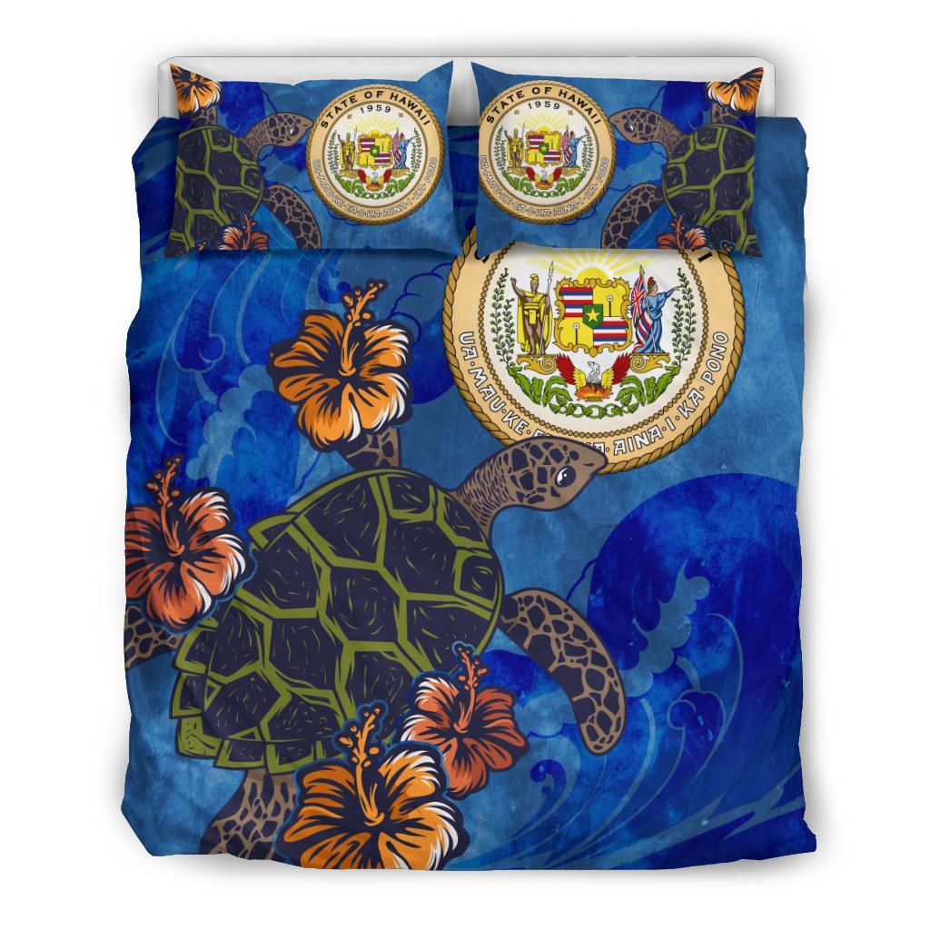 Hawaiian Seal Of Hawaii Hibiscus Ocean Turtle Polynesian Bedding Set Blue - Polynesian Pride
