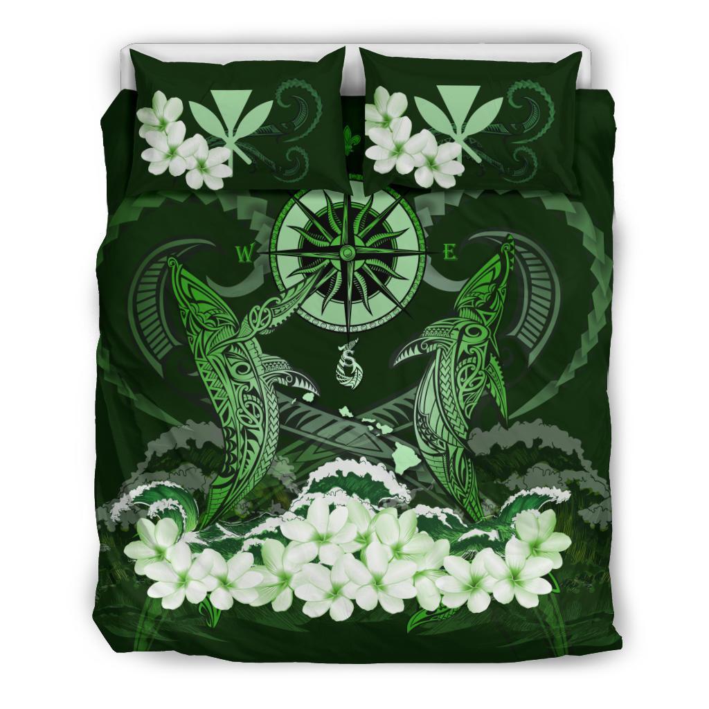 Polynesian Duvet Cover Set - Hawaii Bedding Set Shark Polynesia Compass Plumeria Green - Polynesian Pride