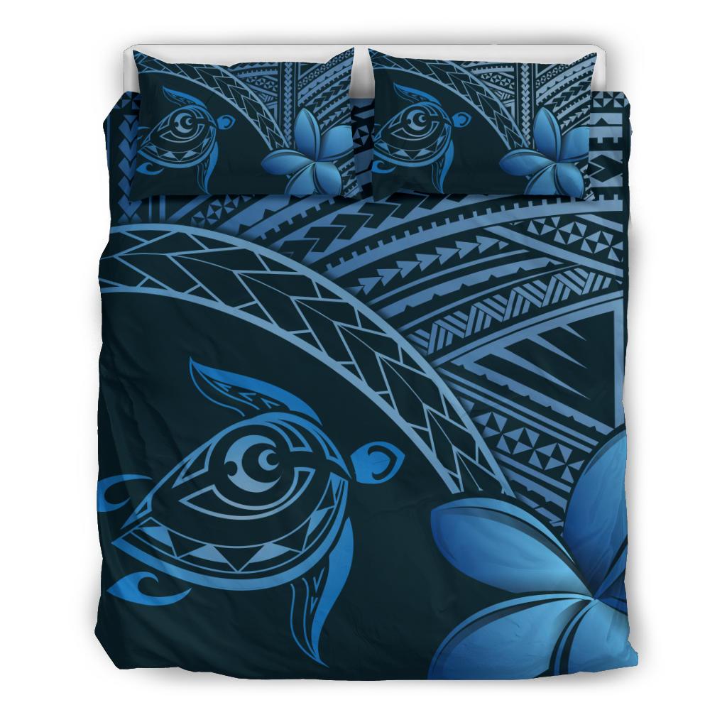 Hawaiian Turtle Plumeria Polynesian Bedding Set Neo Blue Blue - Polynesian Pride