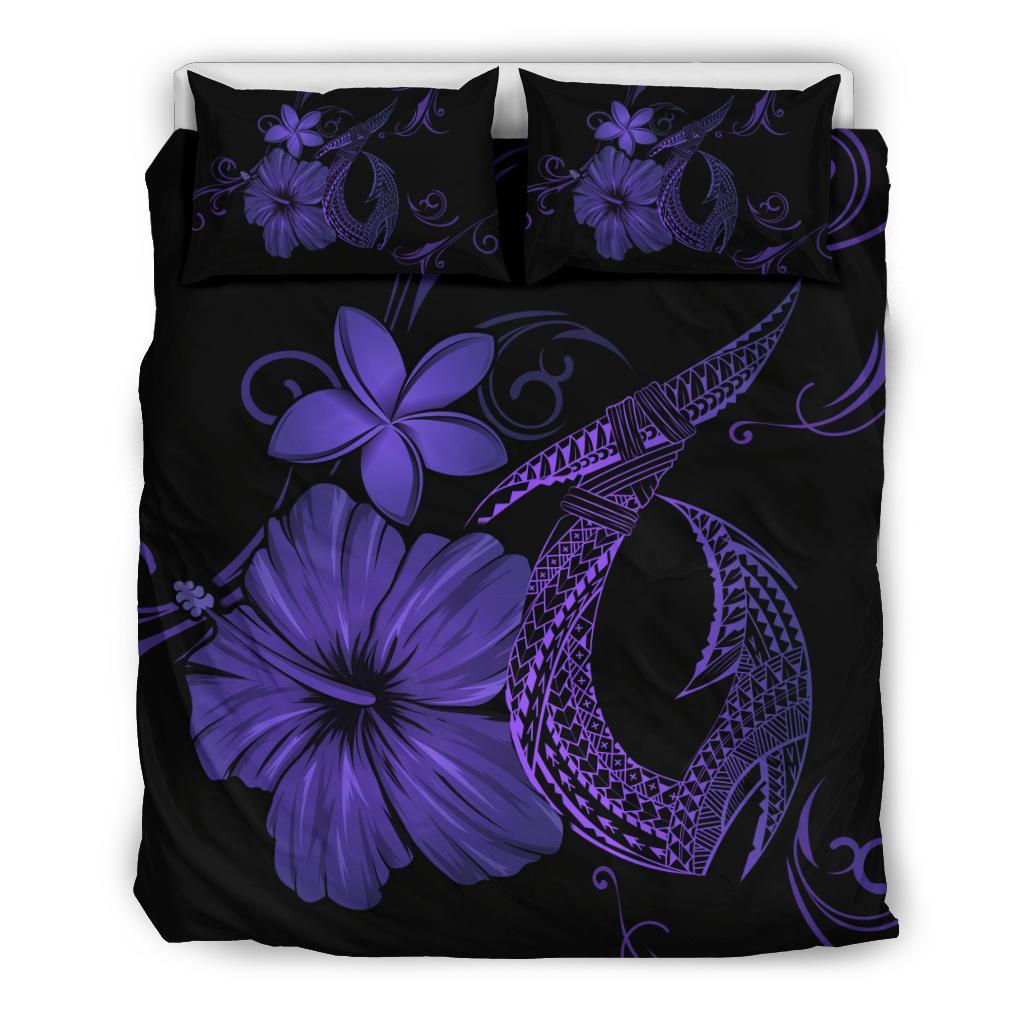 Hawaiian Fish Hook Hibiscus Plumeria Polynesian Bedding Set - Purple Purple - Polynesian Pride