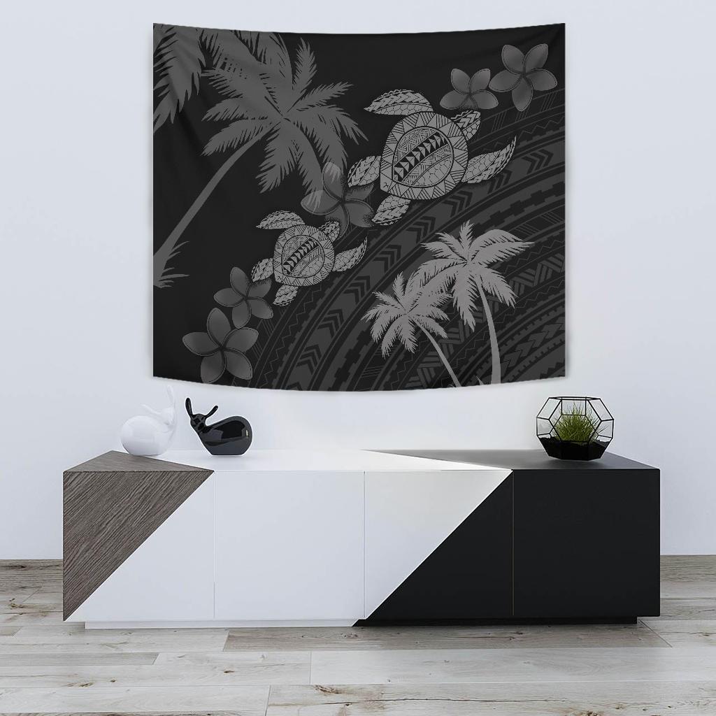 Hawaii Turtle Plumeria Coconut Tree Polynesian Tapestry - Gray Wall Tapestry Small 60" x 51" Gray - Polynesian Pride