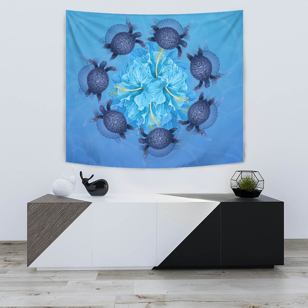 Hawaii Turtle Hibiscus Blue Tapestry Wall Tapestry Small 60" x 51" Blue - Polynesian Pride