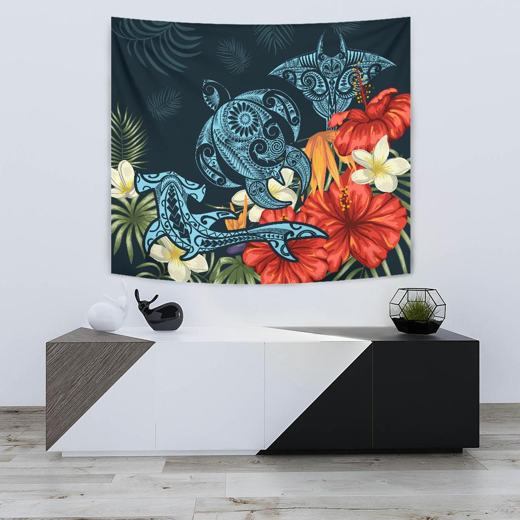 Hawaii Turtle Shark Manta Ray Hibiscus Plumeria Tapestry Wall Tapestry Small 60" x 51" Blue - Polynesian Pride