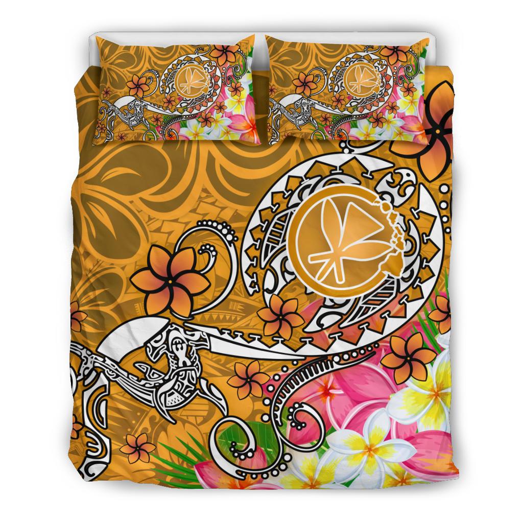 Hawaii Bedding Set - Turtle Plumeria Polynesian Tattoo Gold Color - Polynesian Pride