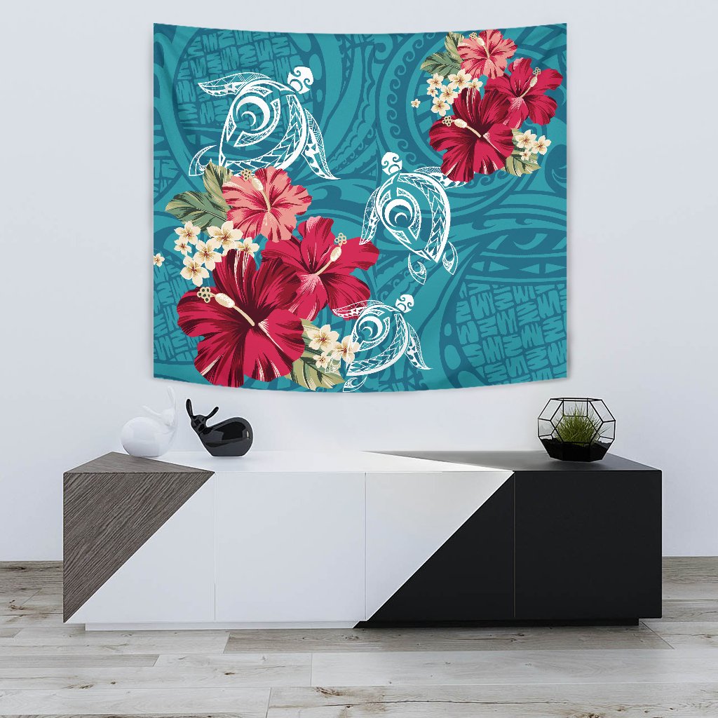 Hawaii Turtle Hibiscus Plumeria Blue Polynesian - Tapestry AH Wall Tapestry 75cm*90cm Blue - Polynesian Pride