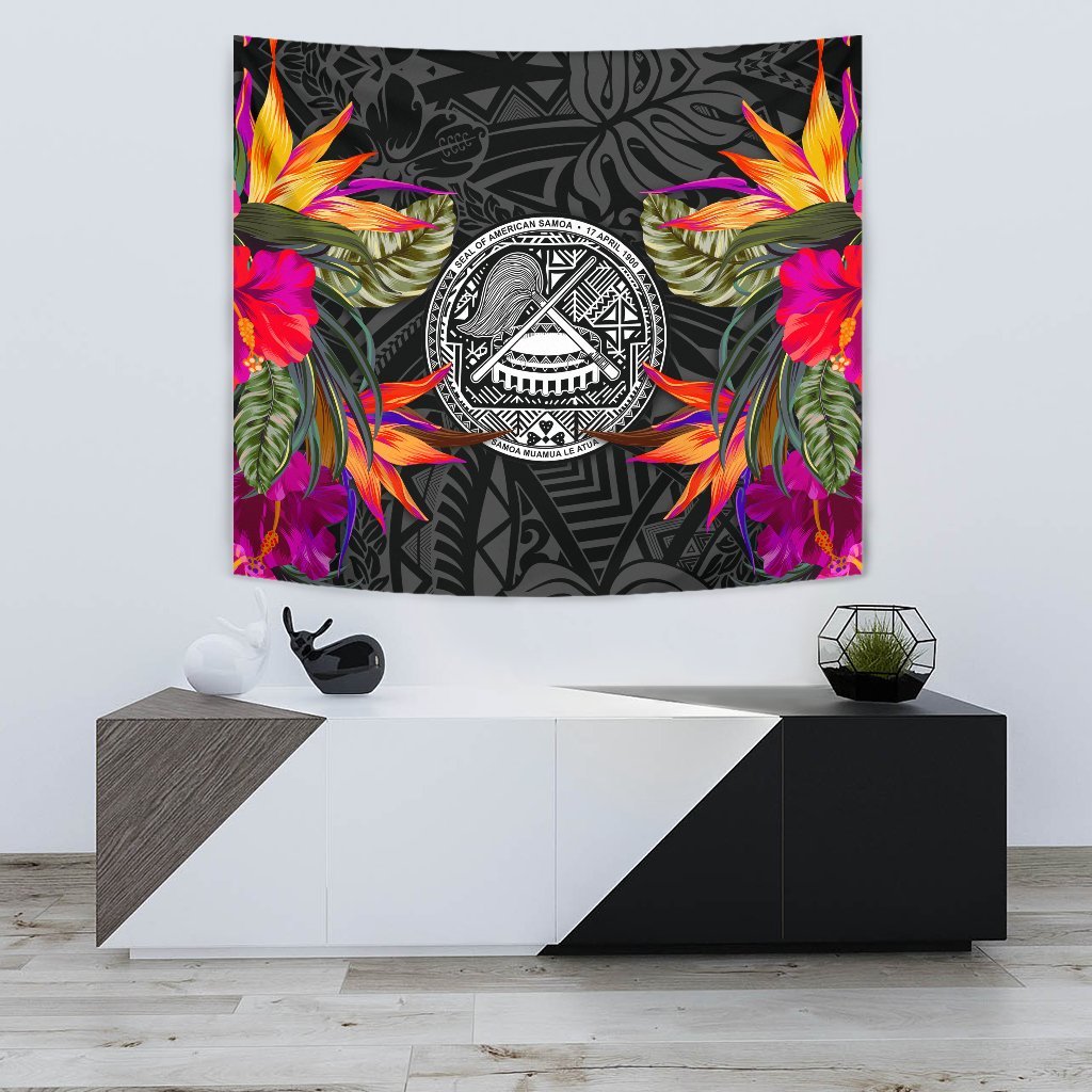 American Samoa Slide Tapestry - Polynesian Hibiscus Pattern Wall Tapestry Small 60" x 51" Black - Polynesian Pride