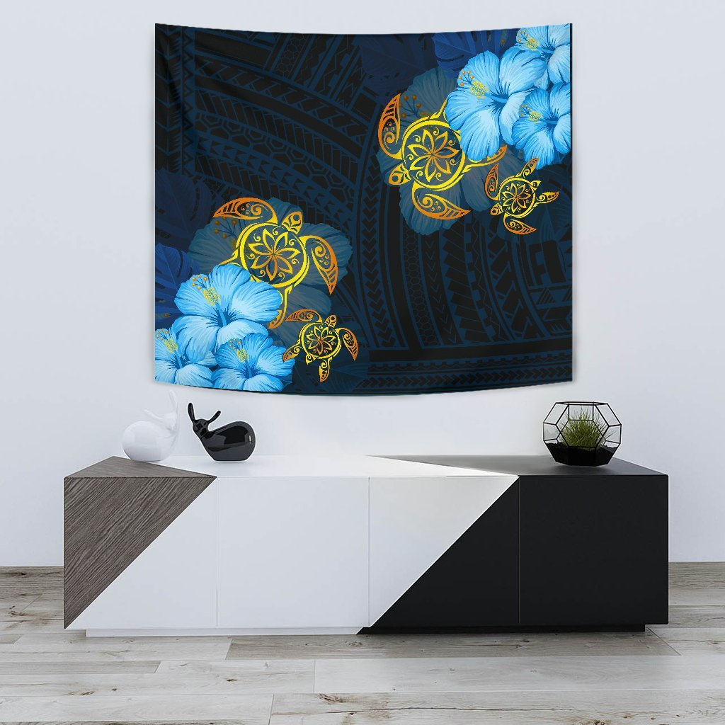 Hawaii Tapestry - Turtle Hibiscus Pattern Hawaiian Tapesty - Blue Wall Tapestry Small 60" x 51" Blue - Polynesian Pride