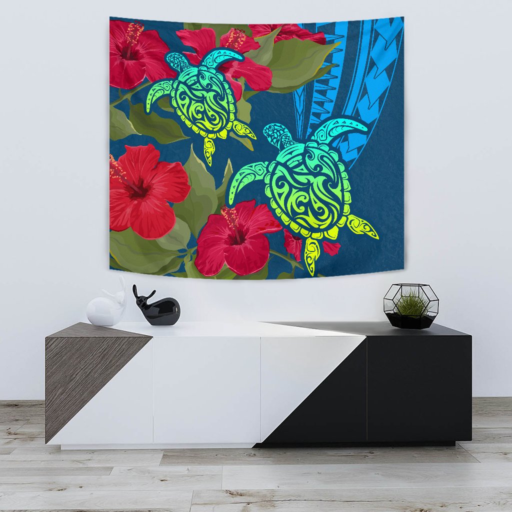 Hawaii Turtle Hibiscus Polynesian Tapestry - Bana Style Wall Tapestry 75cm*90cm Blue - Polynesian Pride