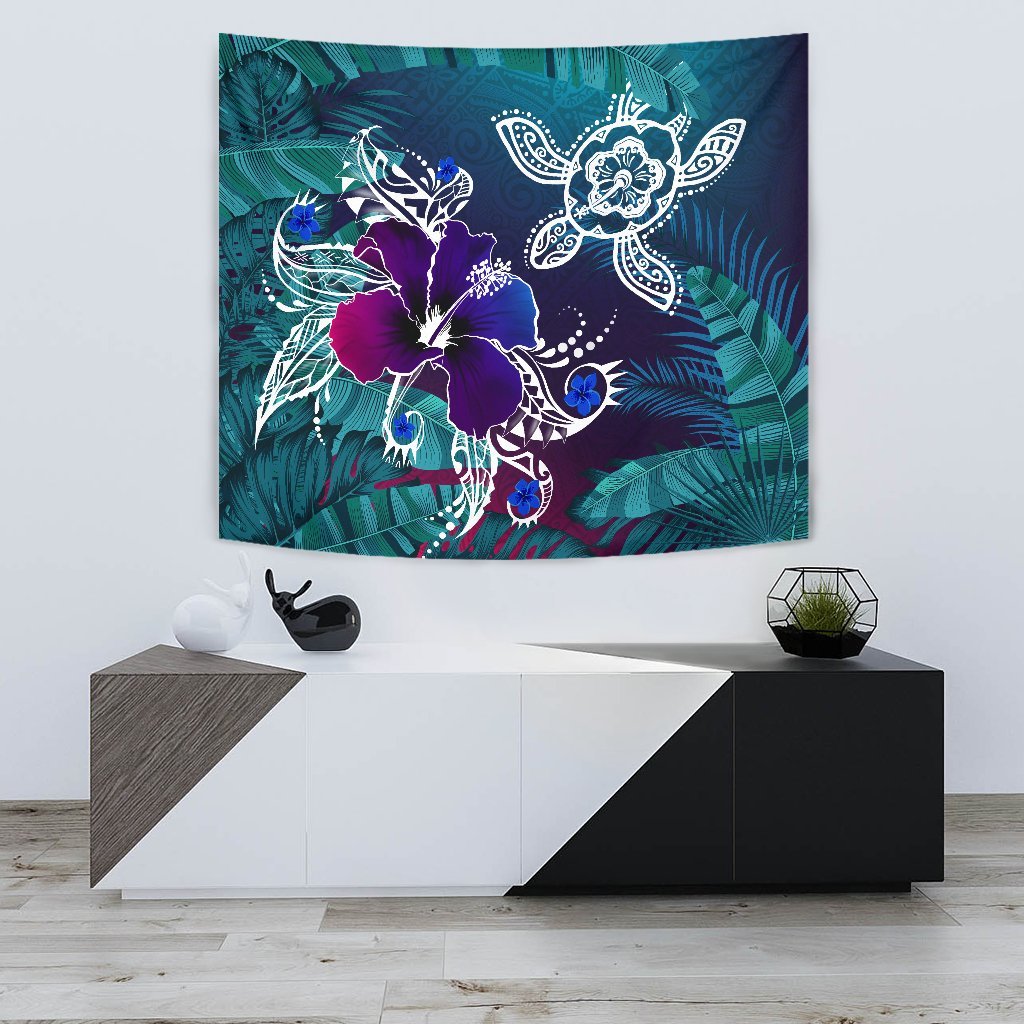 hawaiiTapestry - Hawaii Turtle Flowers And Palms Retro - Polynesian Pride