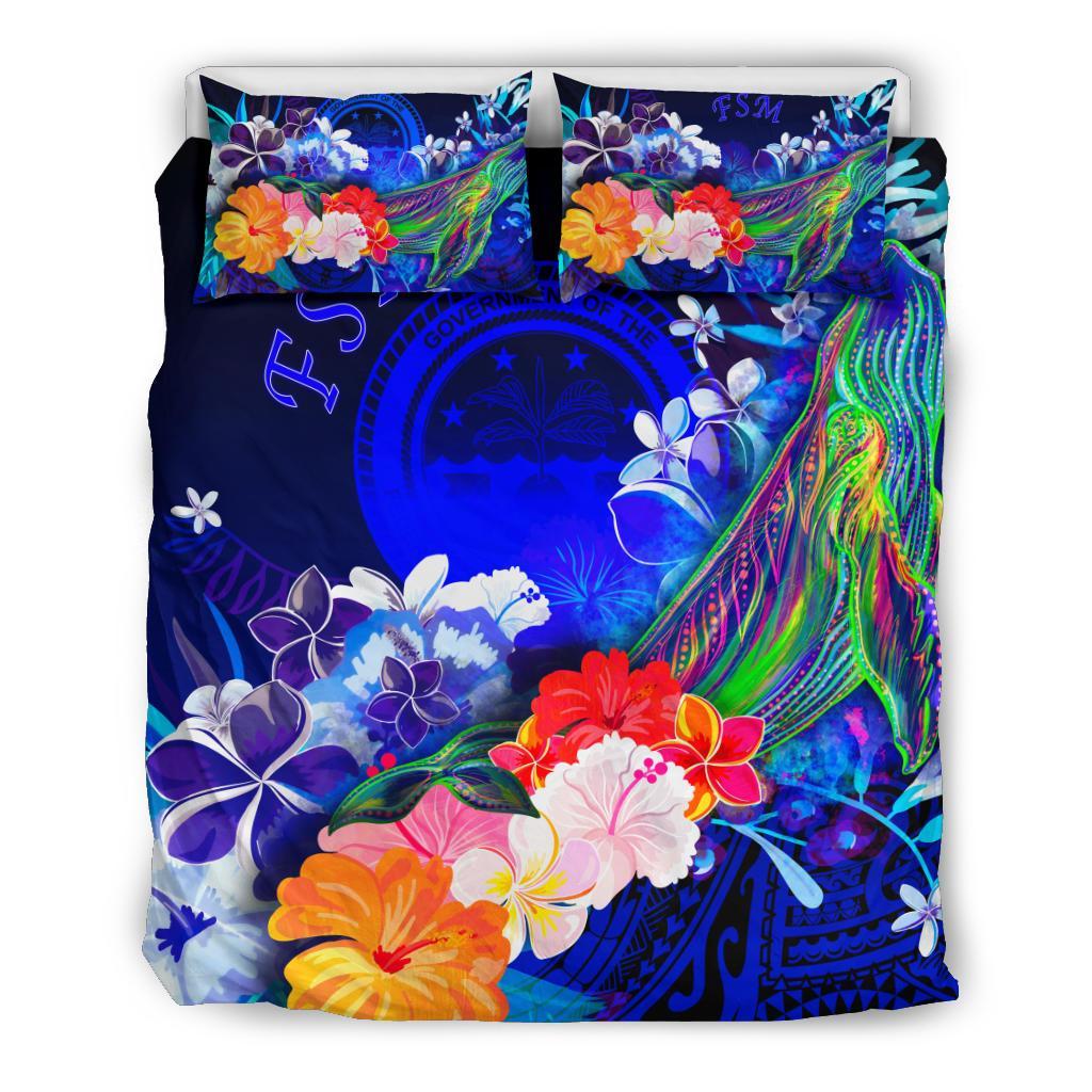 Federated States of Micronesia Bedding Set - Humpback Whale with Tropical Flowers (Blue) - Polynesian Pride