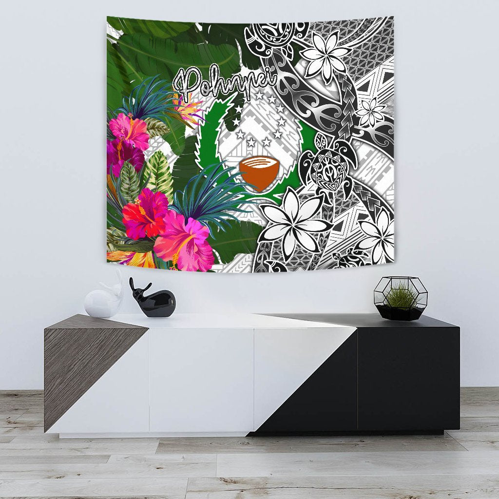 Pohnpei Tapestry White - Turtle Plumeria Banana Leaf - Polynesian Pride