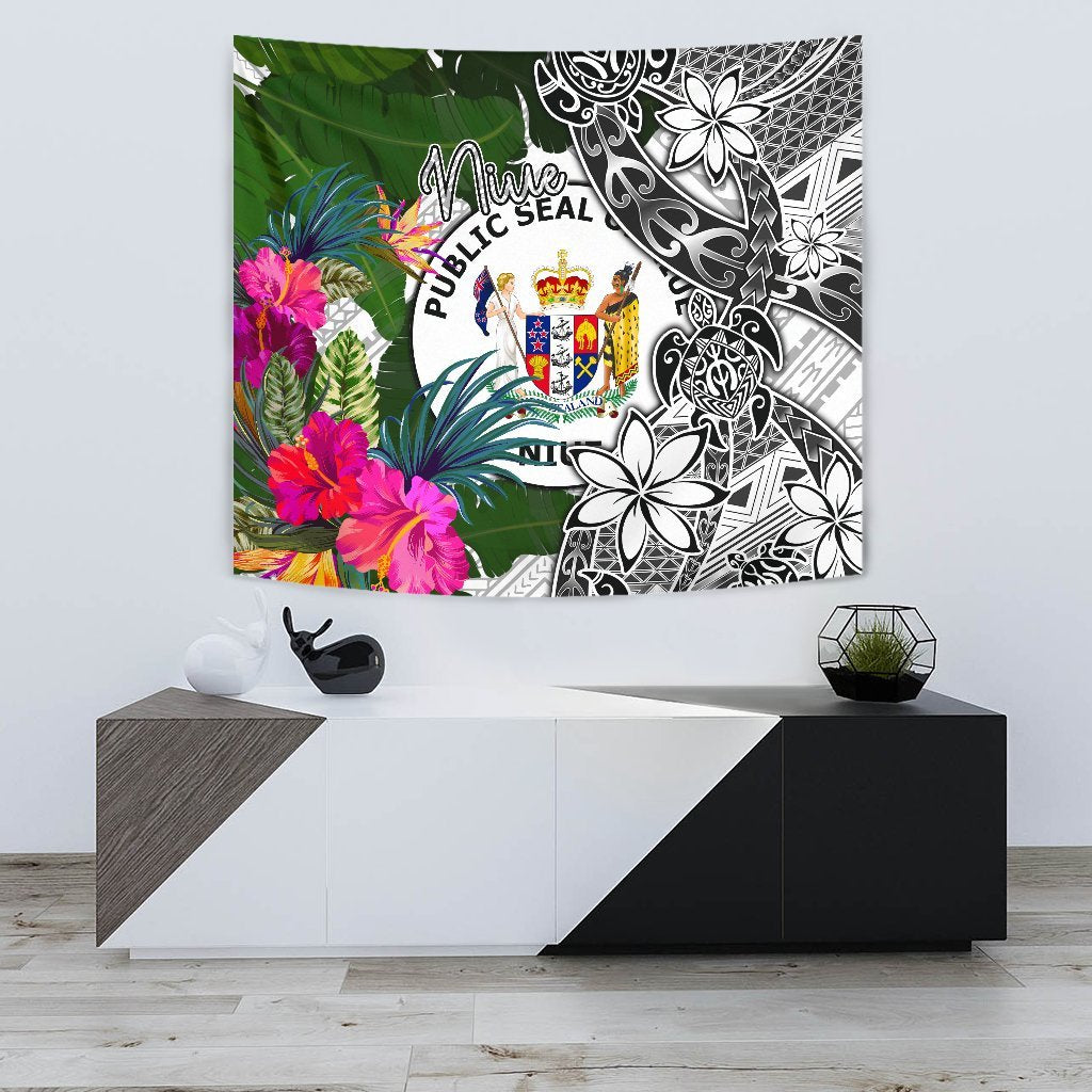 Niue Tapestry White - Turtle Plumeria Banana Leaf - Polynesian Pride