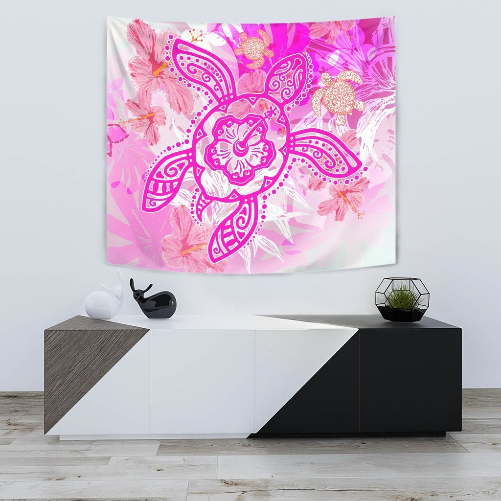 Hawaii Turtle Hibiscus Tapestry - Dreamy Style - AH Wall Tapestry Small 60" x 51" Pink - Polynesian Pride
