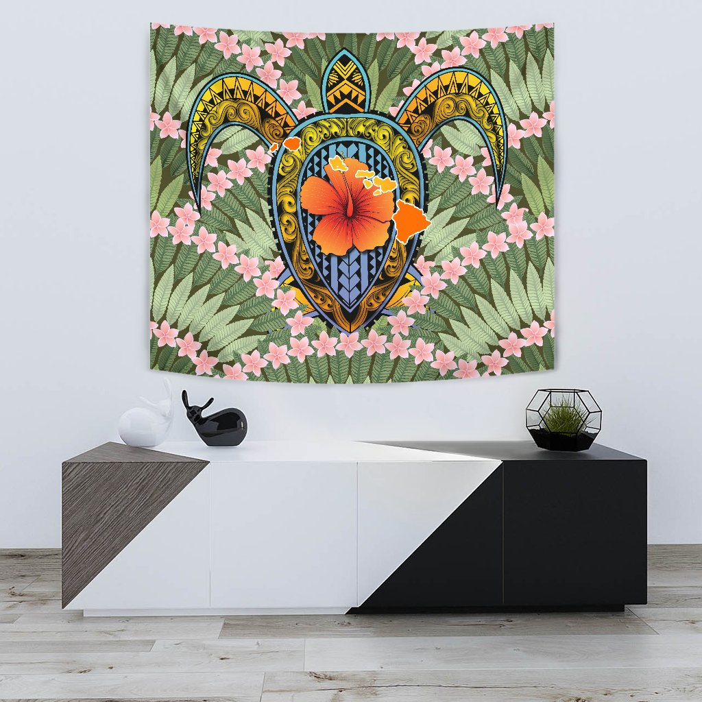 Hawaii Turtle Map Plumeria Hawaiian Tropical Tapestry - Candy Style - AH Wall Tapestry Small 60" x 51" Green - Polynesian Pride