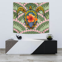 Hawaii Turtle Map Plumeria Hawaiian Tropical Tapestry - Candy Style - AH Wall Tapestry Small 60" x 51" Green - Polynesian Pride